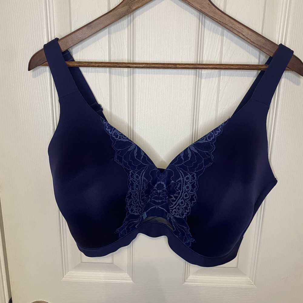 Cacique Navy Blue Lace Trim Lightly Lined Plunge Bra 40F Adjustable Straps
